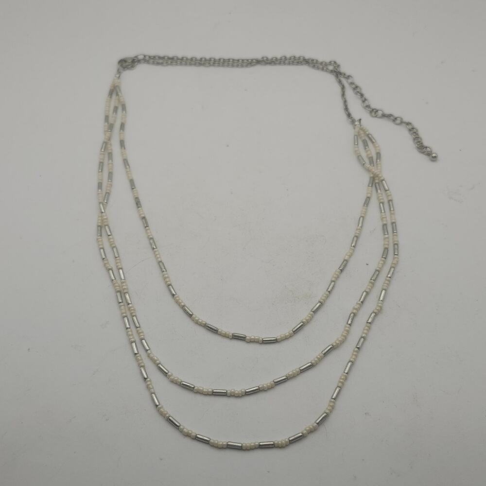 Cream Seed Bead Silver Tone Tube Multi Strand Layered Boho Adjustable Necklace